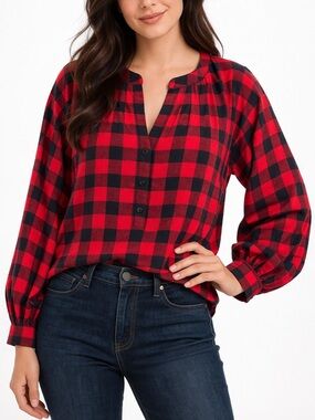 J. Crew Red Buffalo Check Flannel Popover Blouse Top Size Small